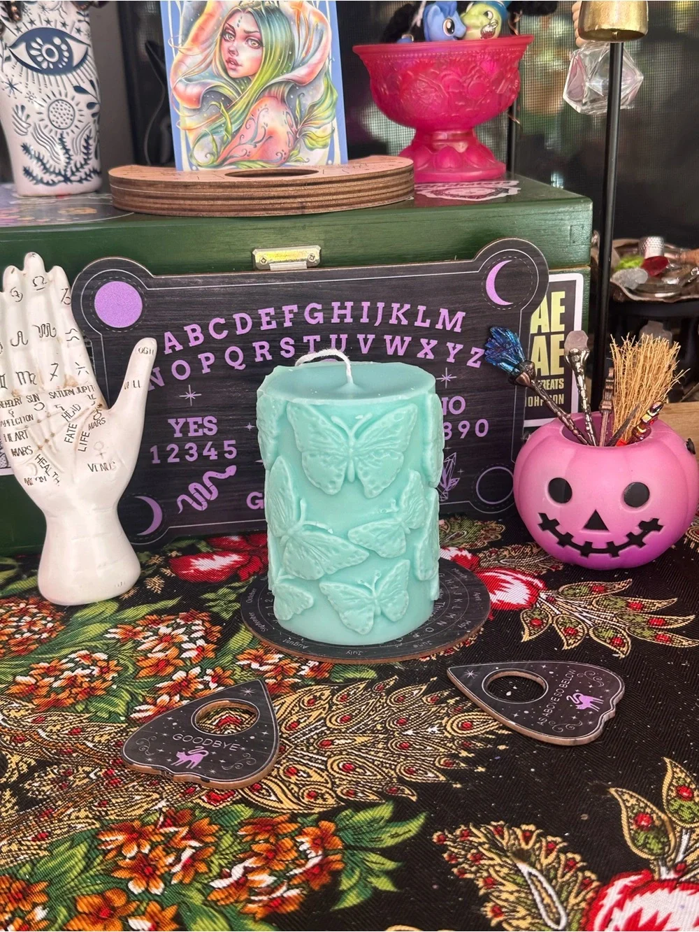 Butterfly Pillar Candle | Aqua Butterfly Candle | Cottagecore Decor